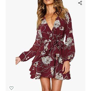 UGUEST Women Long Sleeve V Neck Dress, Floral Mini Cocktail Party Wedding Guest